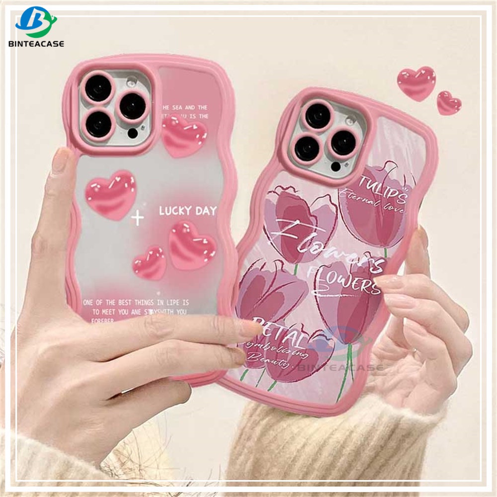 Oppo A17 A77S A57 2022 A15 A16 A16K A54 A53 A12 A5S A7 A3S A11k A31 A52 A92 A94 A93 A37 F9 A1K A76 Pink Hati Tulip Tepi Melengkung Casing Handphone TPU Binteacase