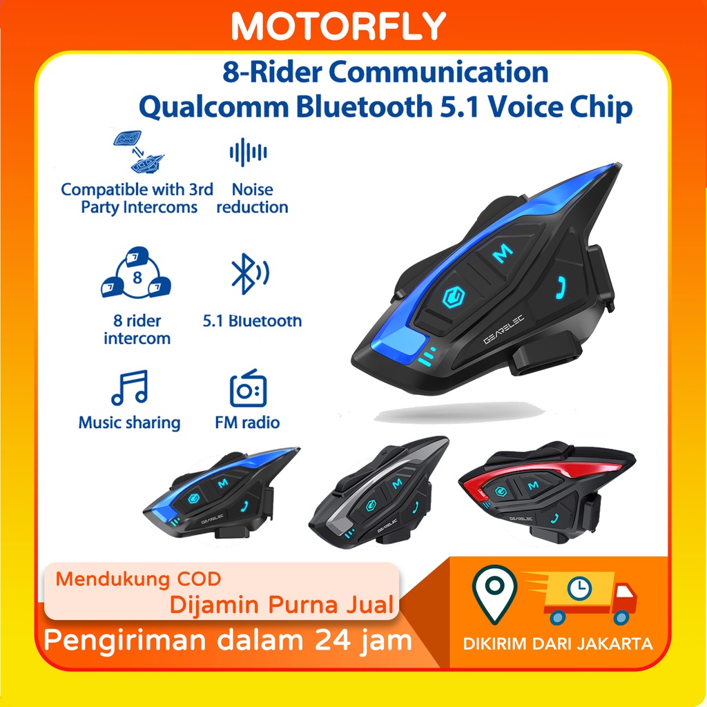 GEARELEC shark Sepeda Motor Bluetooth Intercom Headset 2-8 Pengendara Helm Headset dengan Radio FM