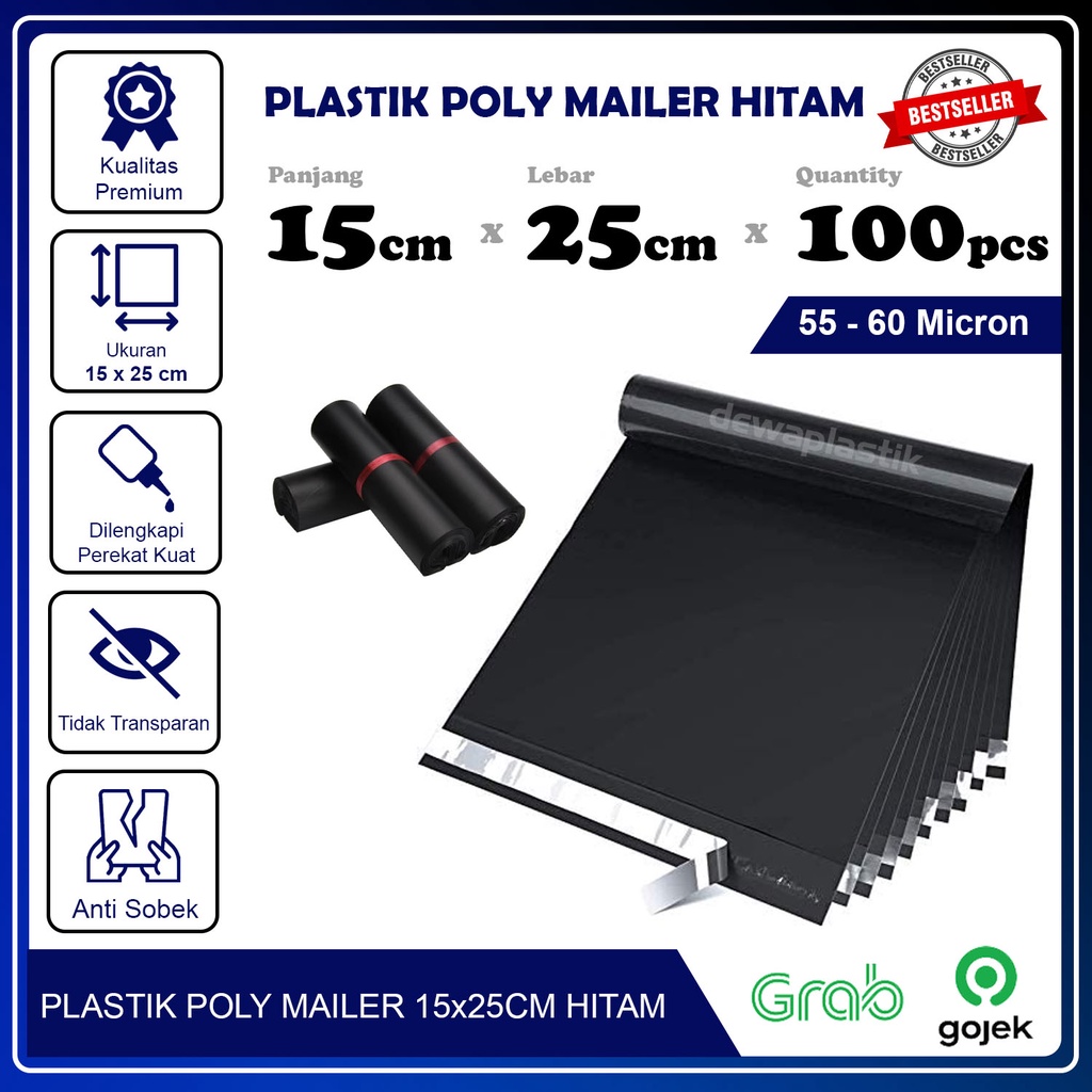 Plastik Packaging Poly Mailer Hitam Glossy 15x25 cm Isi 100pcs Amplop Kemasan Polymailer LDPE 55-60 Micron 15 x 25 cm Plastik Packing Isi 100 Pcs Kantong Plastik Olshop 60 Micron 15 x 25cm