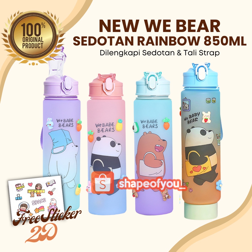 Botol Minum Rainbow Karakter We Babe Bears 850ml Sedotan Tali Strap Freee Sticker