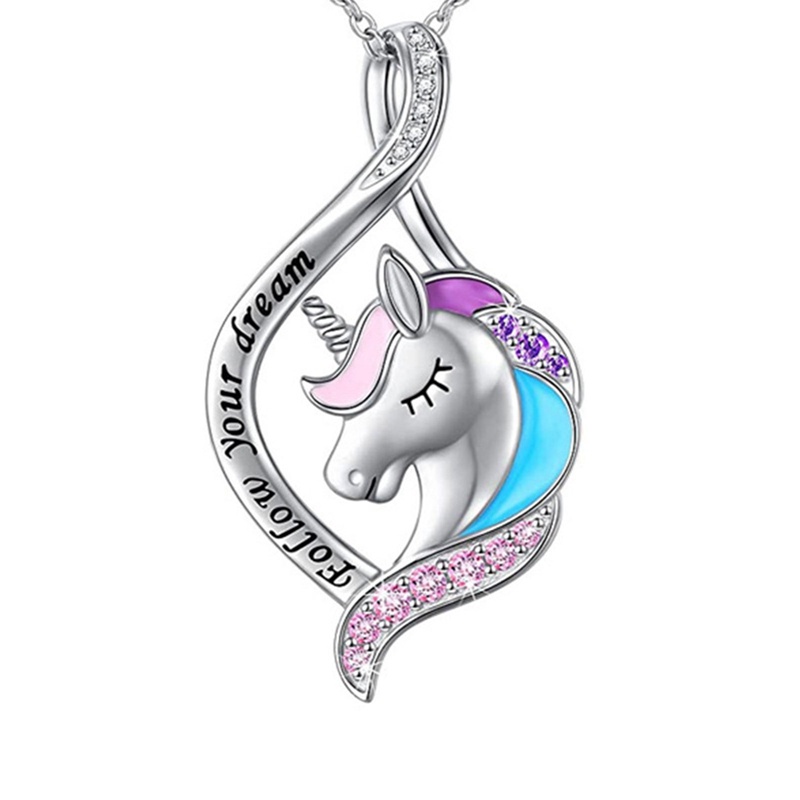 Aksesoris Wanita Lucu Colorful Unicorn Liontin Kalung Kristal Birthstone Kalung Pesta Ulang Tahun Anniversary Hadiah Perhiasan