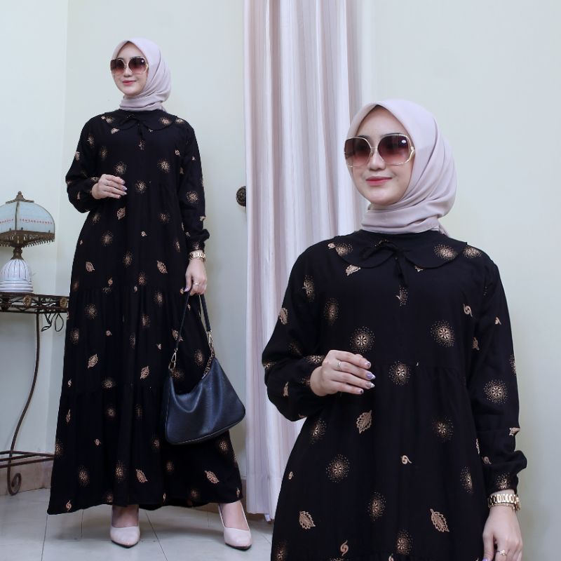 Gamis Rayon  Motif Daun / Gamis Remaja / Gamis Rayon Susun Rempel Wanita / Gamis Rayon Wanita / Gamis Wanita