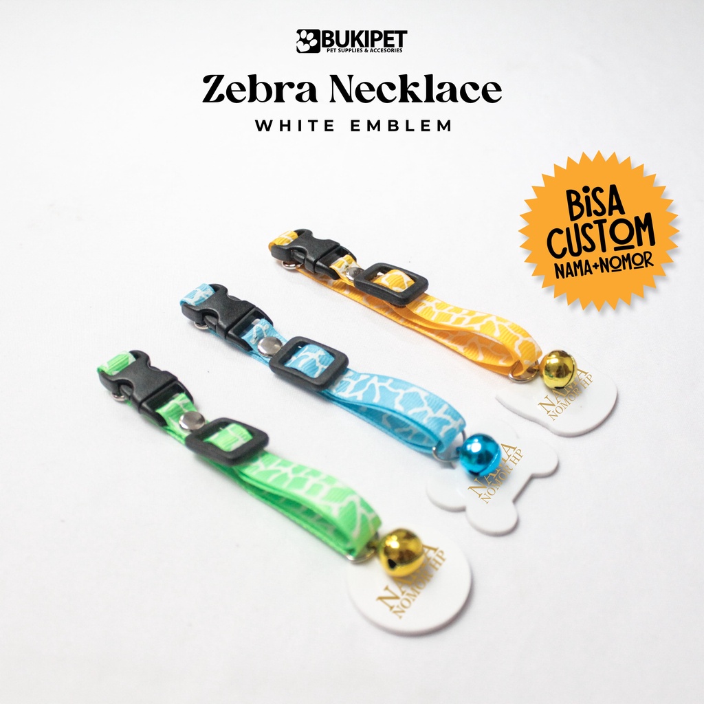 BUKIPET Kalung Kucing Custom Nama Bahan Nylon Stripe – Zebra Necklace ( AKRILIK PUTIH )