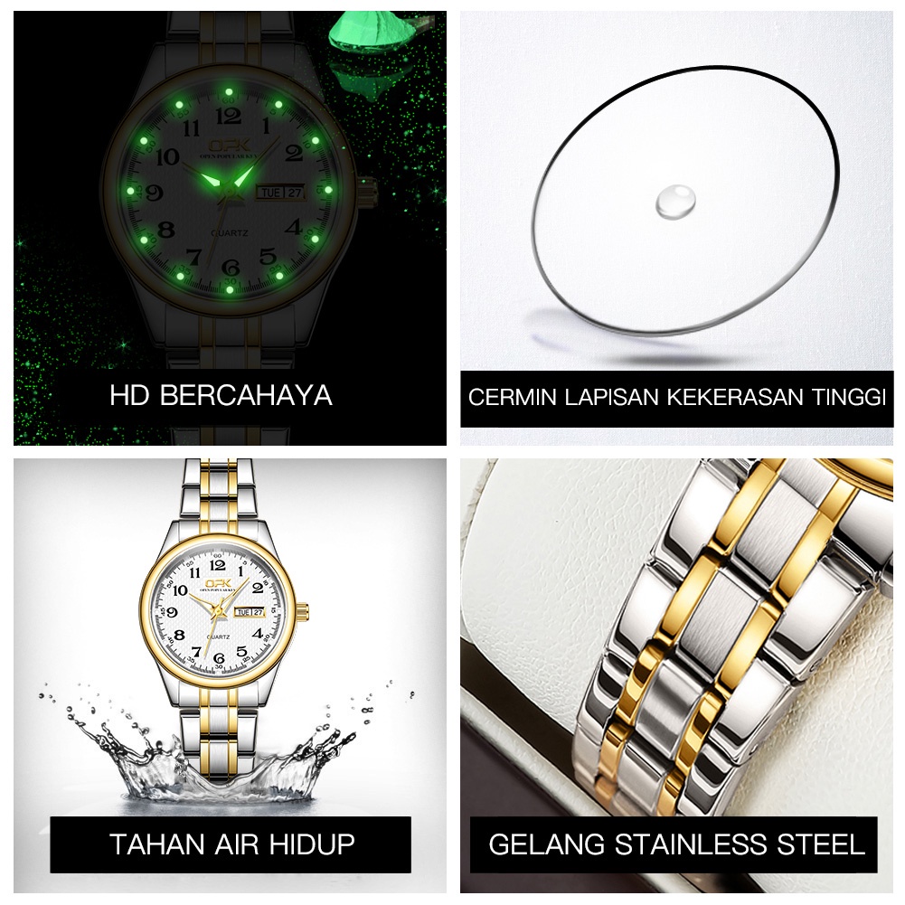 OPK Jam Tangan Wanita Anti Air Original Stainless Steel Cewek Kalender Bercahaya Luminous Women Watch