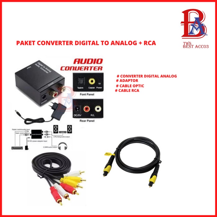 Kabel Converter Audio Digital To Analog + Kabel Optik+ Kabel L/R Rca 3 Ke 3