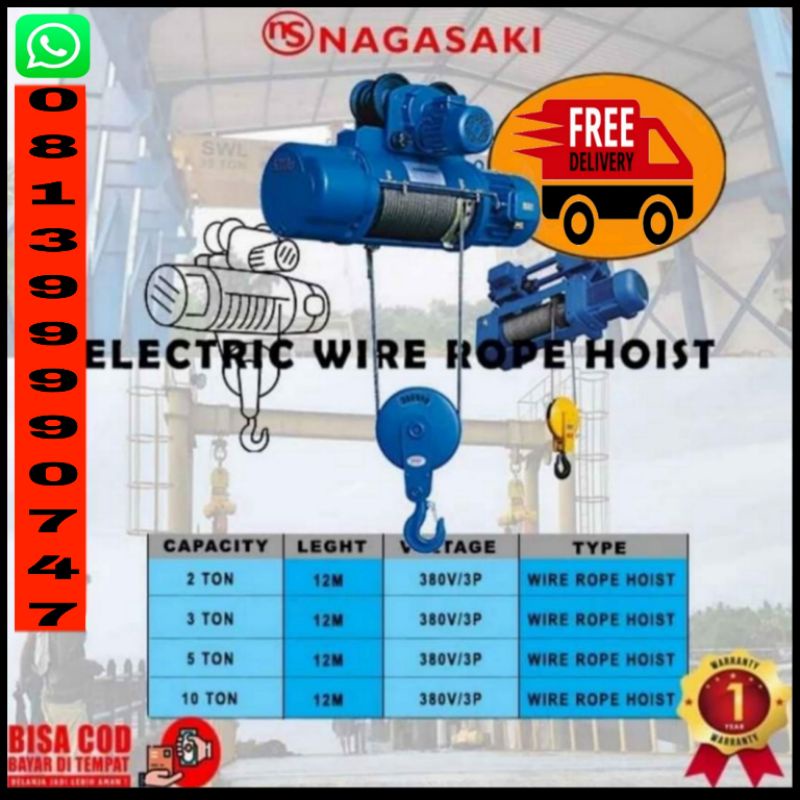 Jual electric wire rope hoist 1 ton 12 meter 380v/3phase nagasaki japan