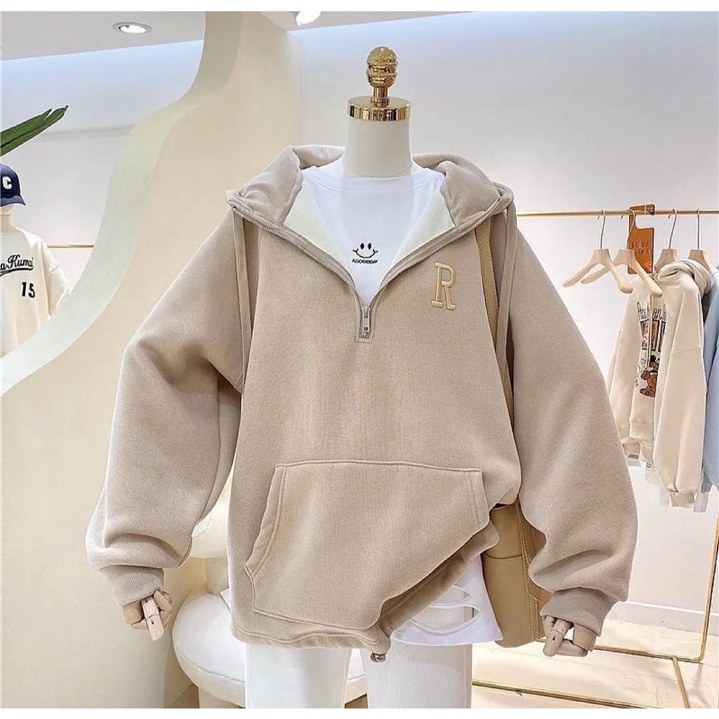 Jacket Wanita R BORDIR HOODIE ZIP SLETING Sweater Kasual Ala Korean Gaya Simple