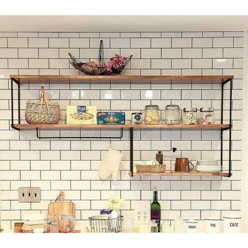 Rak Dinding Rak Dapur Multi Fungsi 3 Ambalan Kayu Dan Besi 100cm