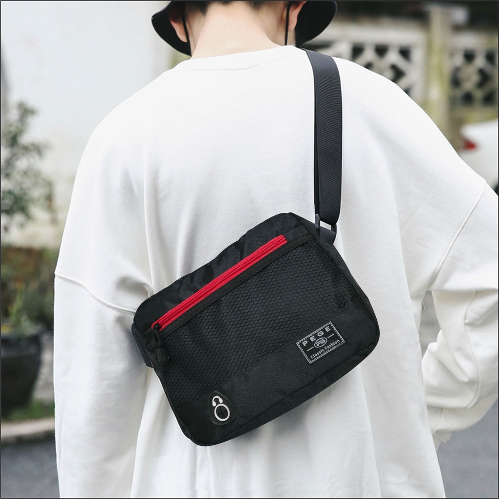 Tas Selempang Bahu Pria PEGE Enver Model Casual Warna Hitam - PG 8949