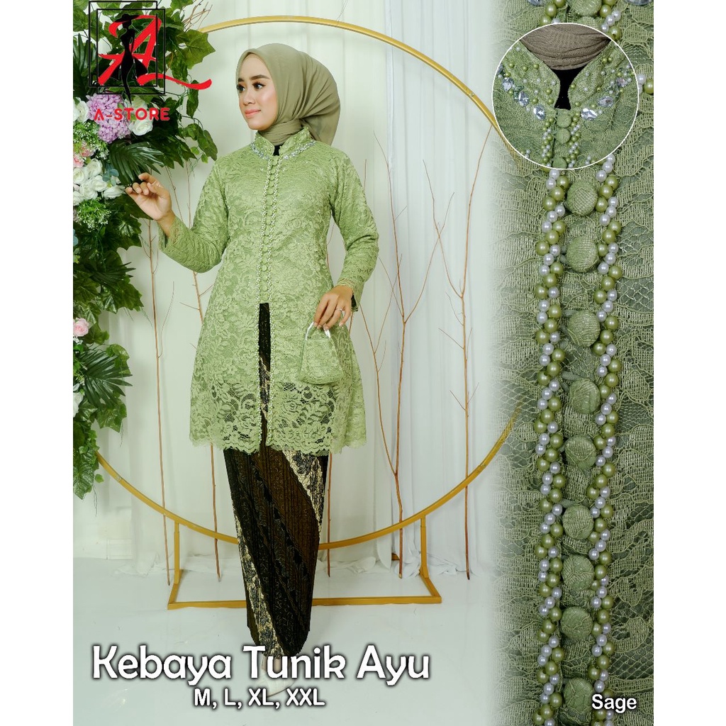 TERLARISS !! Kebaya Tunik AYU Terbaru Kancing Seribu Payet Jumbo Set Brukat Mix Mutiara M L XL XXL L
