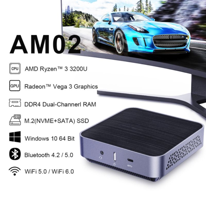 Mini PC AM02 AMD Ryzen3 3200U HDMI DP WiFi SSD Windows 11 Pro