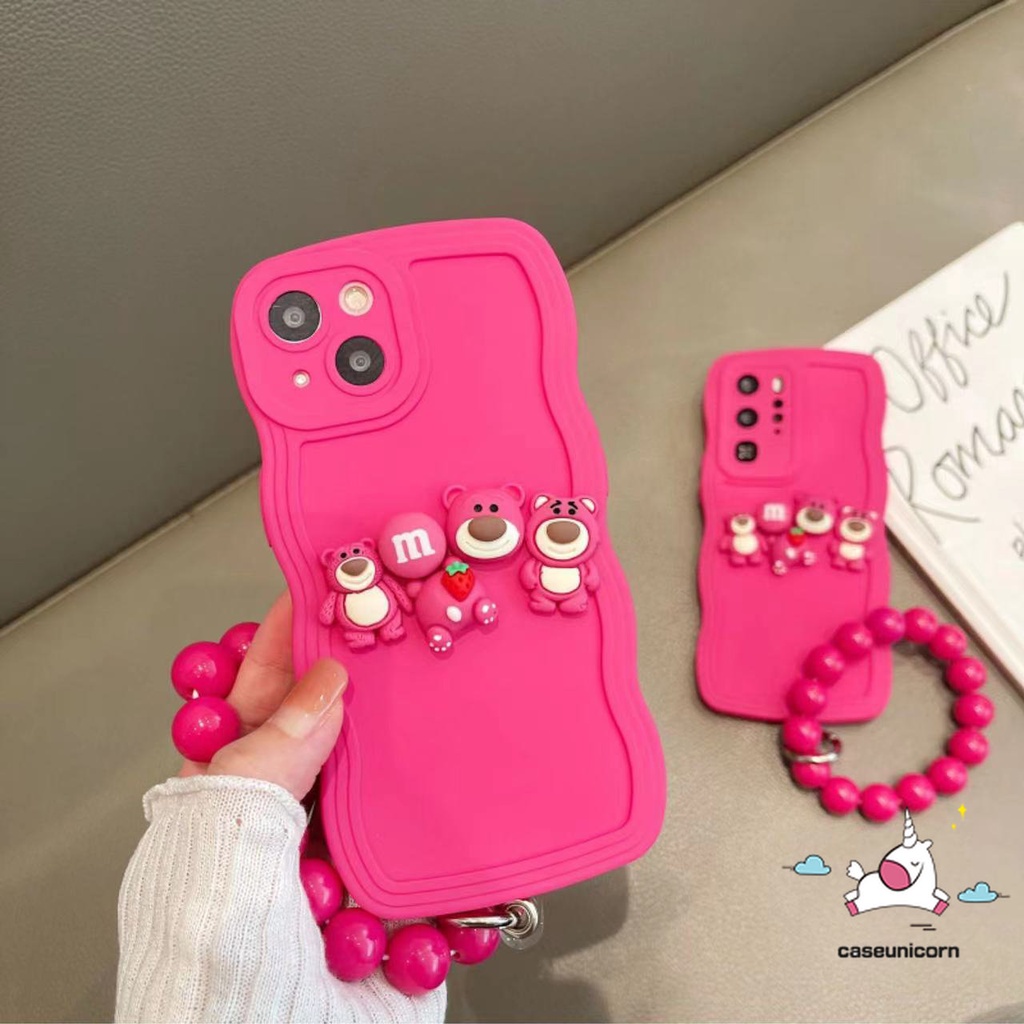 Kartun 3D Lucu Losto Decor Case Kompatibel Untuk iPhone 11 Pro MAX 7plus 8plus 14 7 8 Plus XR 14 12 13 Pro MAX X XS MAX Shockproof Simple Wave Edge Soft TPU Back Case Dengan Gelang