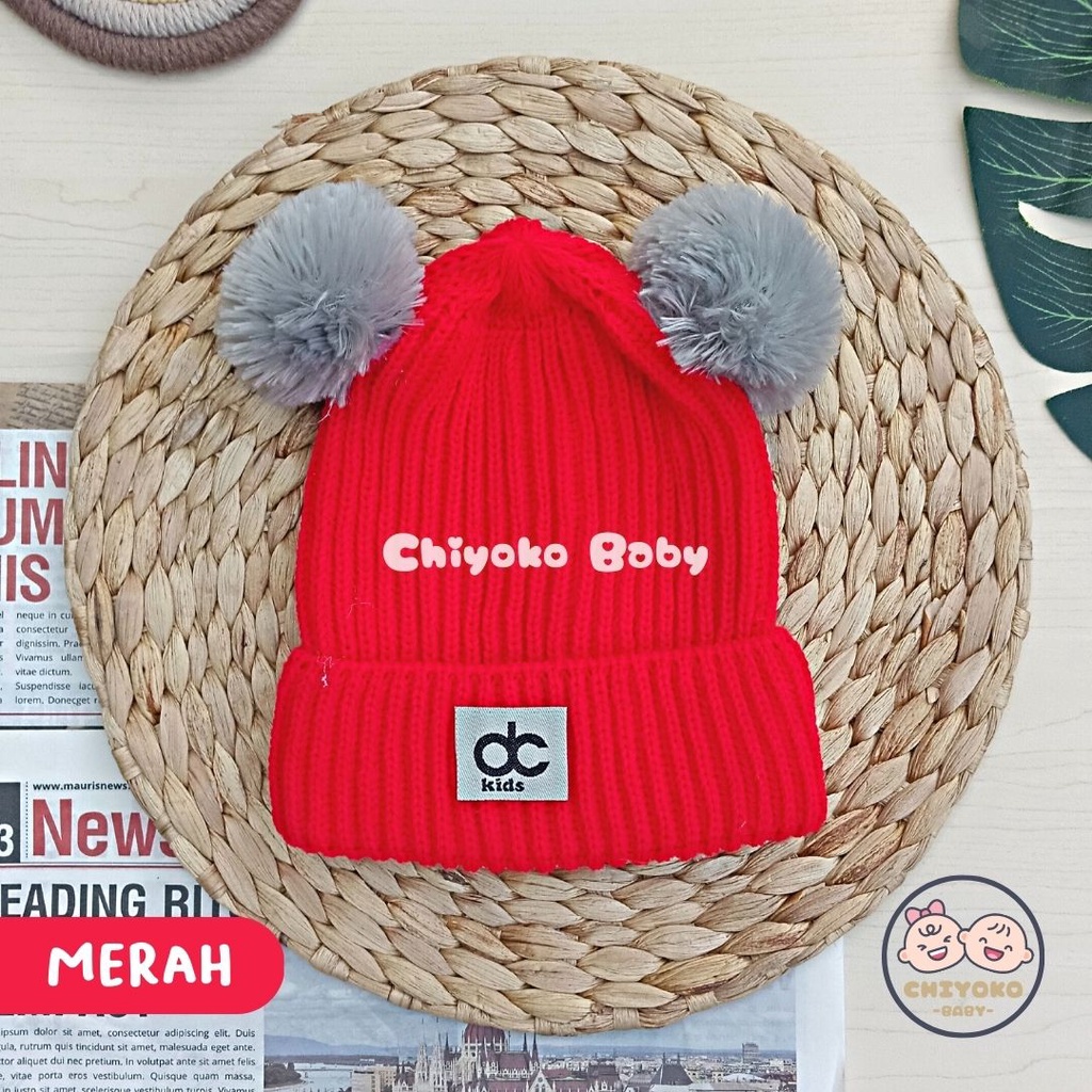 Topi Rajut Kupluk Bayi Pom Pom Premium / Topi Bayi Pom Pom Anak Laki - Laki Perempuan / Kupluk Baby Pompom DC Kids Chiyoko Baby