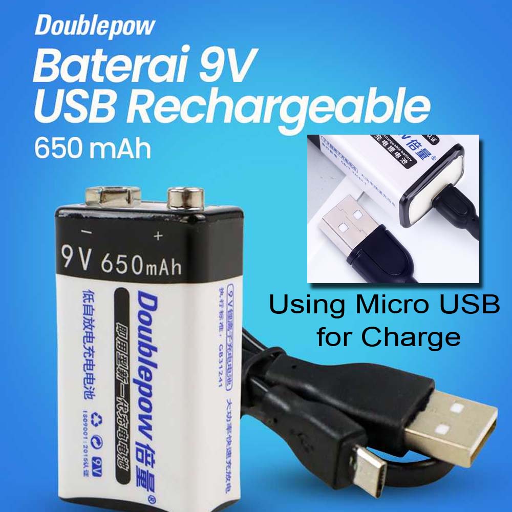 DOUBLEPOW Baterai 9V 650mAH Rechargeable, cass ulang dengan MicroUSB (kepala charger HP) baterai microphone dan alat elektronik bisa di cass ulang batre batu batrei bateray barey doble pow untuk remote RC atau Microphone wireless multimeter, gitar listrik