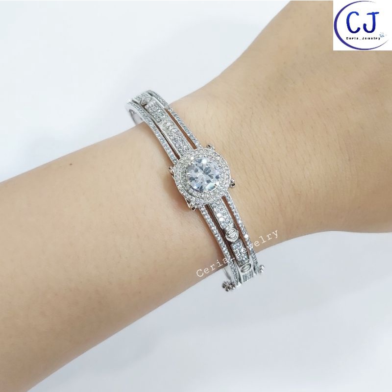 Gelang Perak Asli Silver 925 Lapis Emas Putih Model Bangle Oval Diamond - Perhiasan Perak Wanita