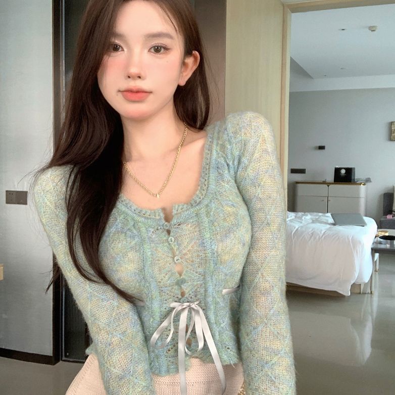 Red 2022 Baru Lengan Panjang Rajutan Cardigan Wanita Musim Gugur Seksi Gadis Panas Dasi Slim Fit Pendek Bottoming top