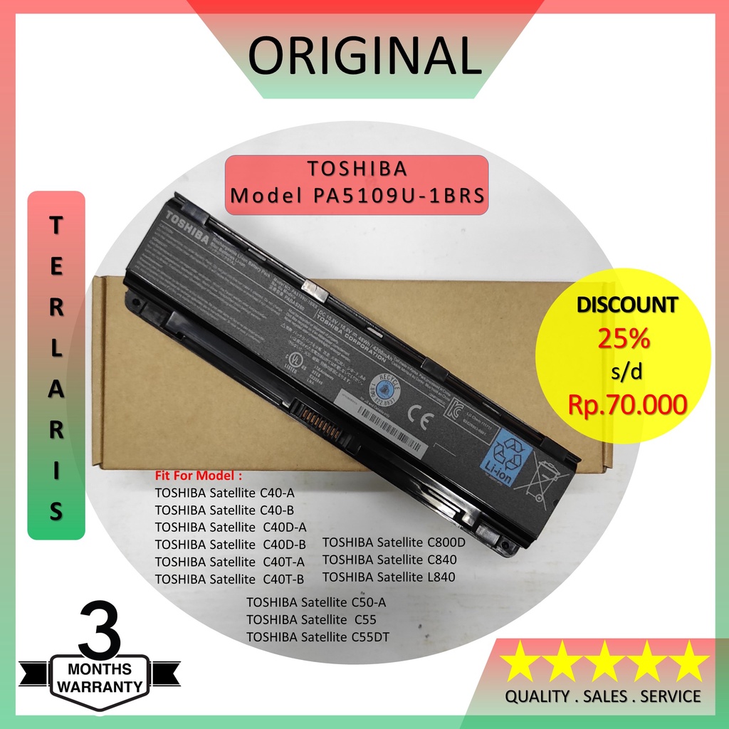 Baterai Original Laptop Toshiba Satellite PA5109-1BRS C40 C50 C70 L70 C40-A C40-D C40D-A C40T C40T-A