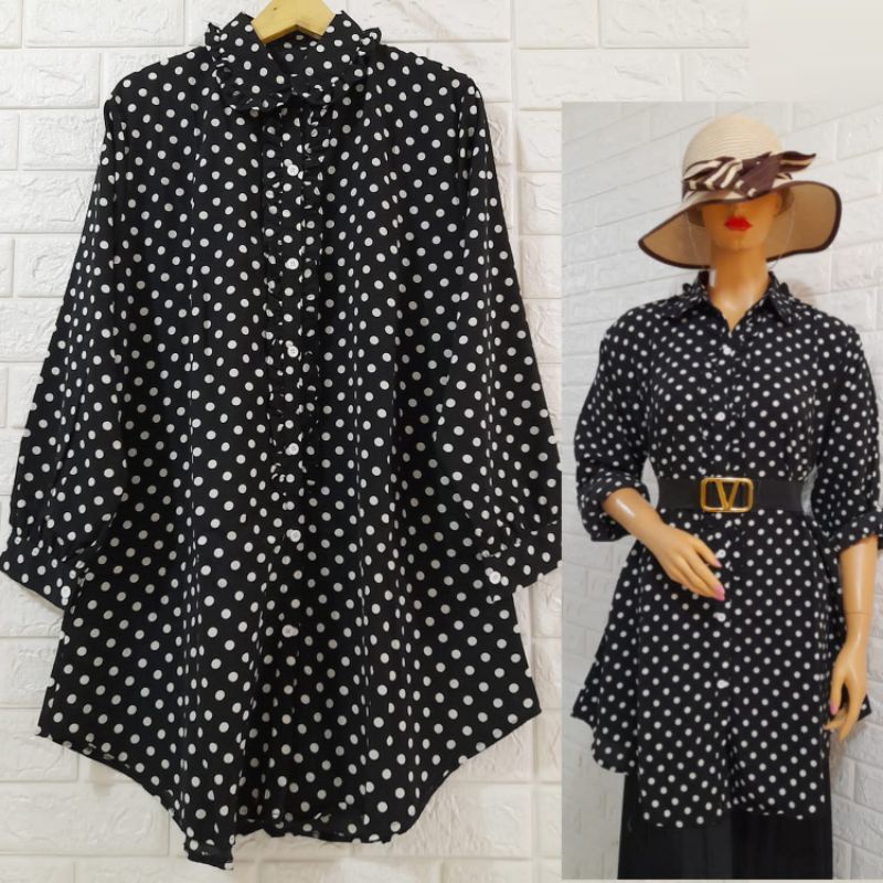 TUNIK WANITA JUMBO BIG SIZE MUSLIM HIJAB MOTIF POLKADOT TUNIK TERBARU KEKINIAN IMPORT PAKAIAN CEWEK 