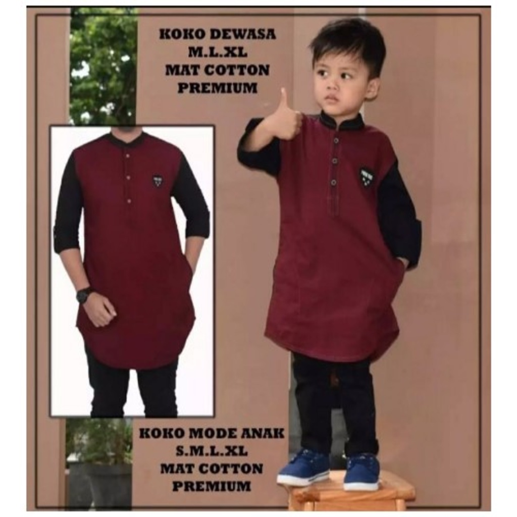 KURTA PAKISTAN COUPLE KOMBINASI | KEMEJA KOKO AYAH & ANAK - MAROON HITAM
