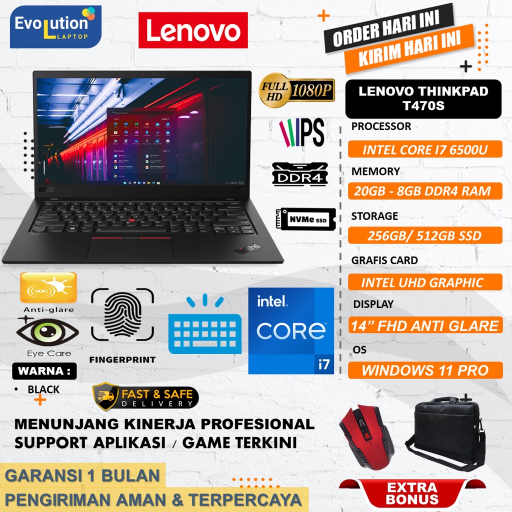 Laptop Lenovo Thinkpad T470s Intel Core I7 6500u Ram 20Gb SSD 512gb FHD ips Windows 11pro