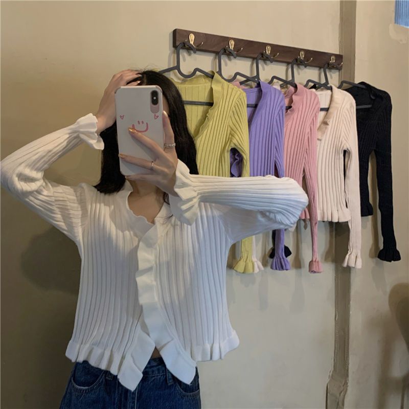 Red V-neck Kayu Telinga Sisi Lengan Panjang Rajutan Sweater Pakaian Wanita Musim Gugur 2022 Versi Korea Baru Slim dan Tipis pendek Cardigan Top