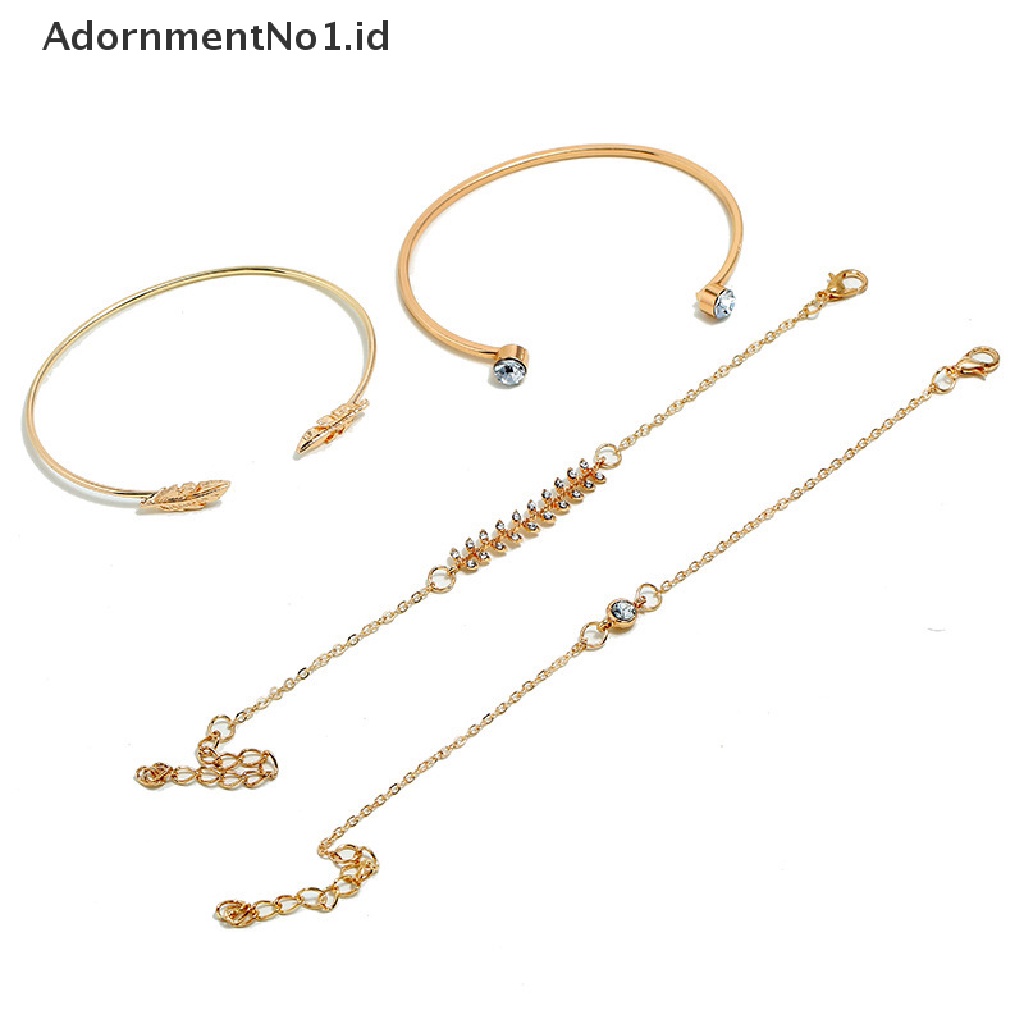 [AdornmentNo1] 4pcs/set Fashion Wanita Geometris Kristal Daun Gelang Adjustable Bangle Jewelry [ID]