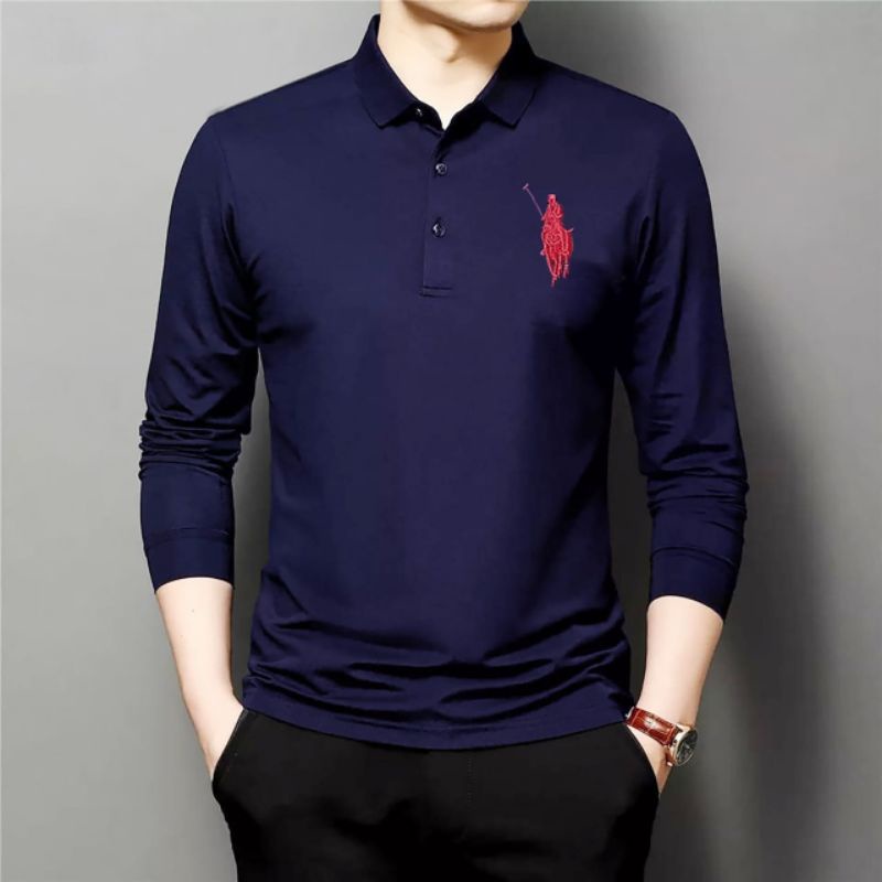 KAOS KERAH PRIA WANGKI NAVY BLUE BAJU KERAH PRIA LENGAN PANJANG MODEL TERBARU