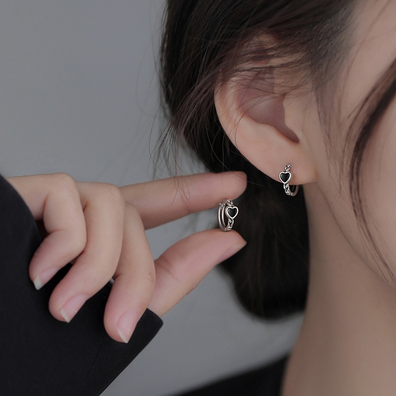 Magic789 Korea Perak Twist Lingkaran Hitam Jantung Hoop Anting Untuk Wanita Gadis Elegan Kecil Bulat Anting Perhiasan Hadiah