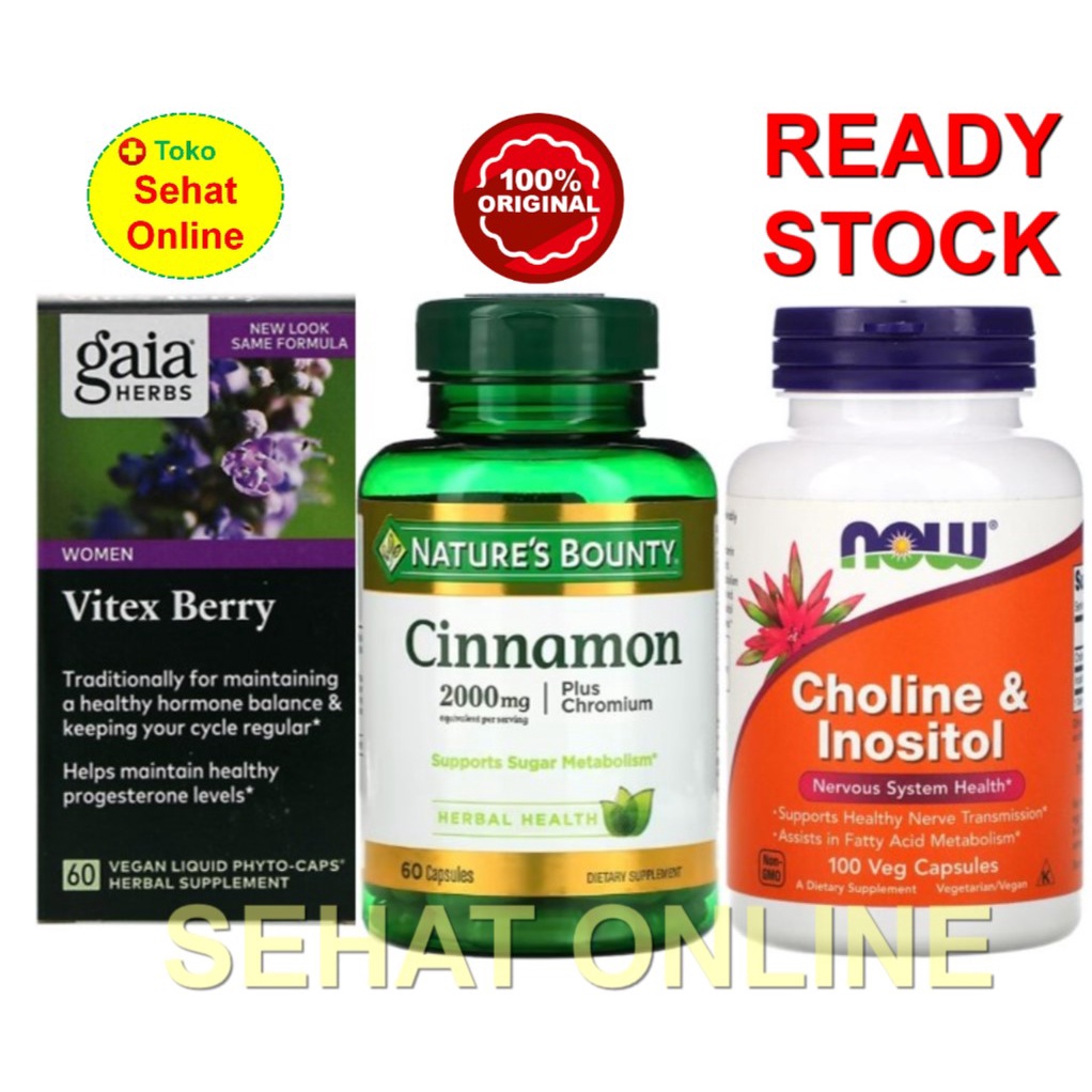 Paket PCOS Gaia Vitex 60 + Cinnamon + Choline &amp; Inositol 100 Vcaps