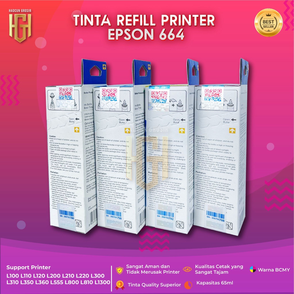 1 SET 4 PCS Tinta Epson 664 Tinta Printer L100 L110 L111 L120 L130 L132 L200 L210 L211 L220 L222 L300 L301 L310 L350 L351 L353 L355 L356 L358 L360 L810 L850 L1300 L1800