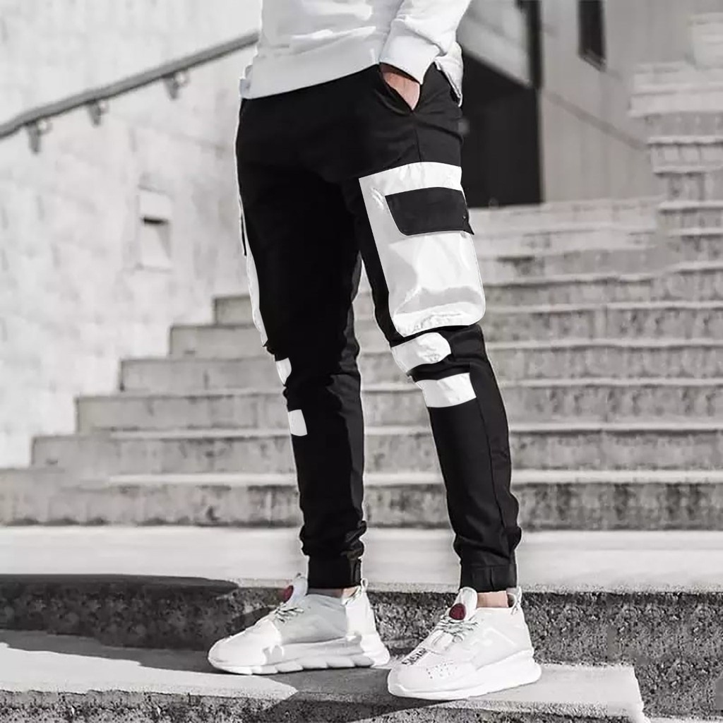 Celana Jogger Training olahraga panjang kombinasi warna hitam putih casual pria dewasa 4 Kantong teb