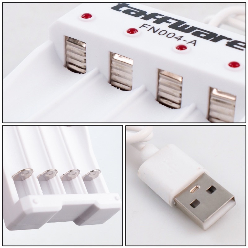 ALAT CHARGER BATERAI USB PLUG isi 4 slot untuk baterai AA A2 / AAA A3 WARNA PUTIH