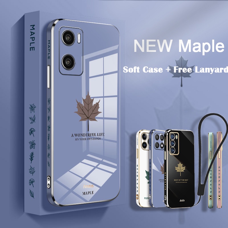 with Strap Case Vivo Y16 Y22 2022 Y35 Y21A Y21S Y21T Y15s Y01 Y33T Y33S Y12S Y20 Y20s Y20i Y11 Y12 Y15 Y17 Y91C Y1s V25 Case Upgrate Square Silicone Maple Leaf Plating Soft Cover