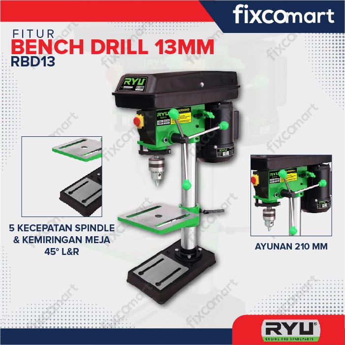 Ryu Bench Drill Rbd 13 / Mesin Bor Duduk 350 W / Mesin Bor Besi