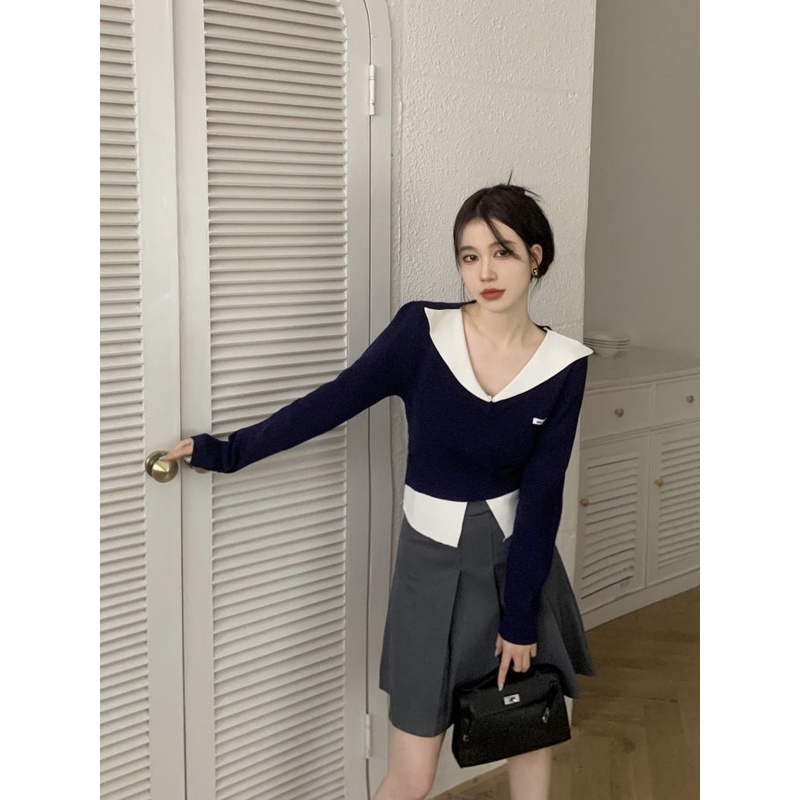 Red Gaya perguruan tinggi v-neck sweater warna kontras wanita musim gugur dan musim dingin baru yang chic dan unik atasan pendek palsu dua potong kemeja bottoming rajutan