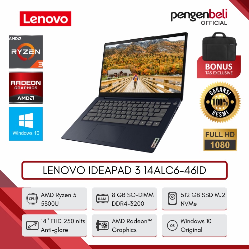 LAPTOP GAMING LENOVO IDEAPAD 3 14ALC6-46ID [AMD RYZEN 3 5300U | 8GB RAM | SSD 512GB | 14 INCH FULL H