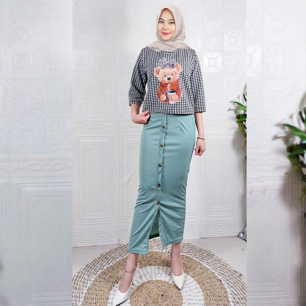 MELOVA ONE SET BAJU KOTAK DAN ROK SPAN PANJANG WANITA GL FASHION