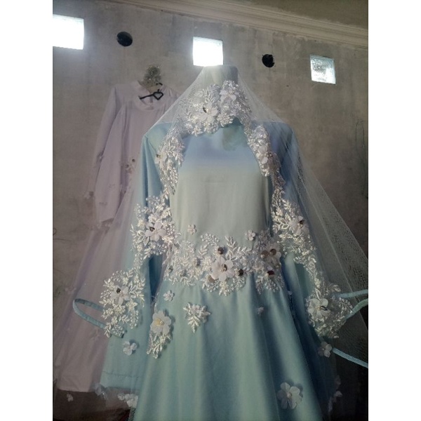 Gaun pengantin syar'i baby blue, gaun akad, gaun walimah, bisa request ukuran full set banyak bonusnya garansi