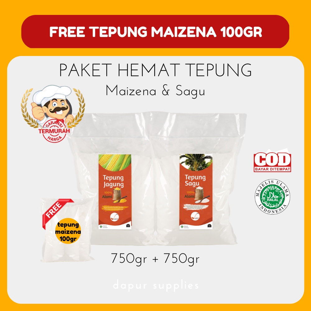 

Gratis 100gr Tepung Maizena / Tepung Asli dari Sari Pati Sagu 750gr dan Maizena 750gr / Tepung Murni Dapur Supplies