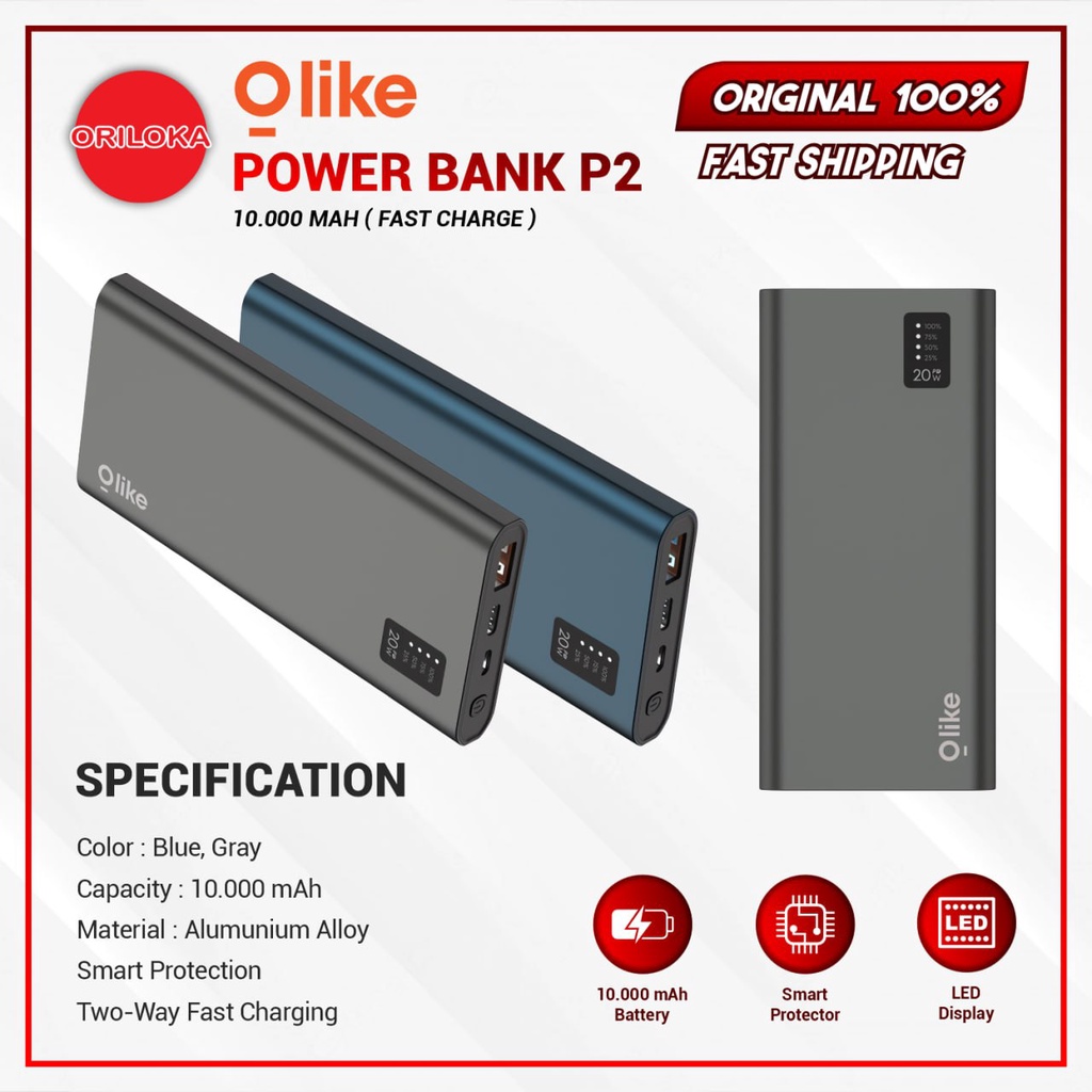 Olike Powerbank P2 10000mAh LED Display &amp; Fast Charging - Garansi Resmi Olike