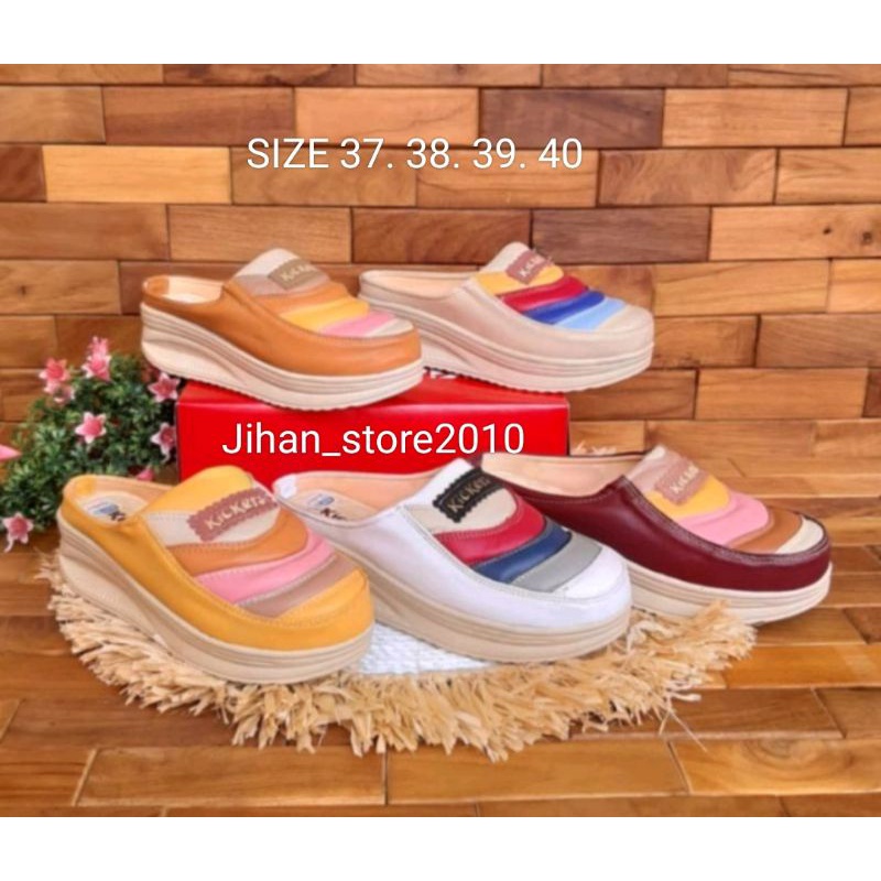 SEPATU WEDGES KICKERS WANITA //  sandal slop Kickers wanita // spatu wedges Kickers motiv pelangi