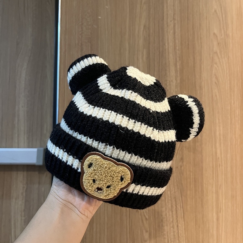 Topi kupluk anak unisex motif GARIS BEAR / kupluk bayi usia 6 bulan - 2 tahun import