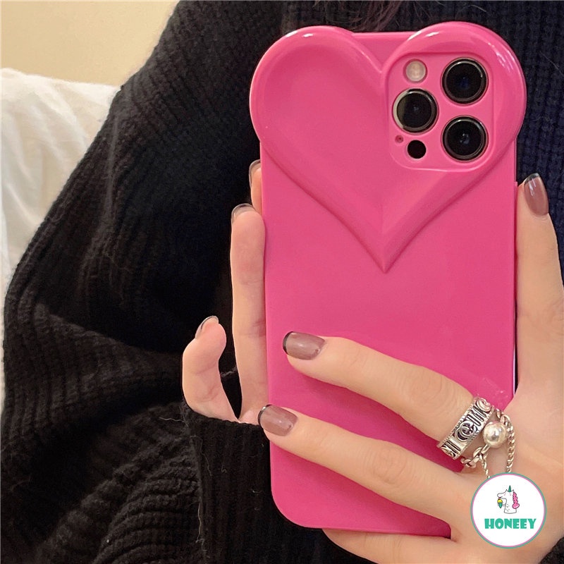 Luxury Rose Red 3D Love Heart Shape Phone Case Kompatibel Untuk IPhone 14 13 12 11 Pro Max Sarung Handphone Belakang TPU Lembut Menyerap Guncangan