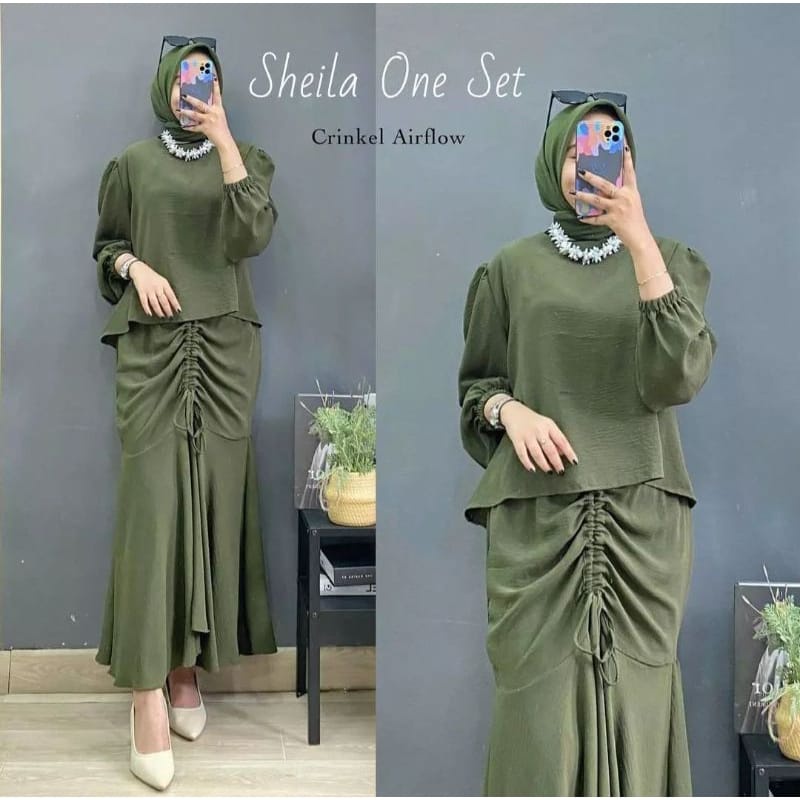 Sheila One Set Crinkle Rok Serut Baju Wanita Setelan Jumbo Outfit Wanita Kekinian Baju Perempuan Dewasa Ootd Wanita Set