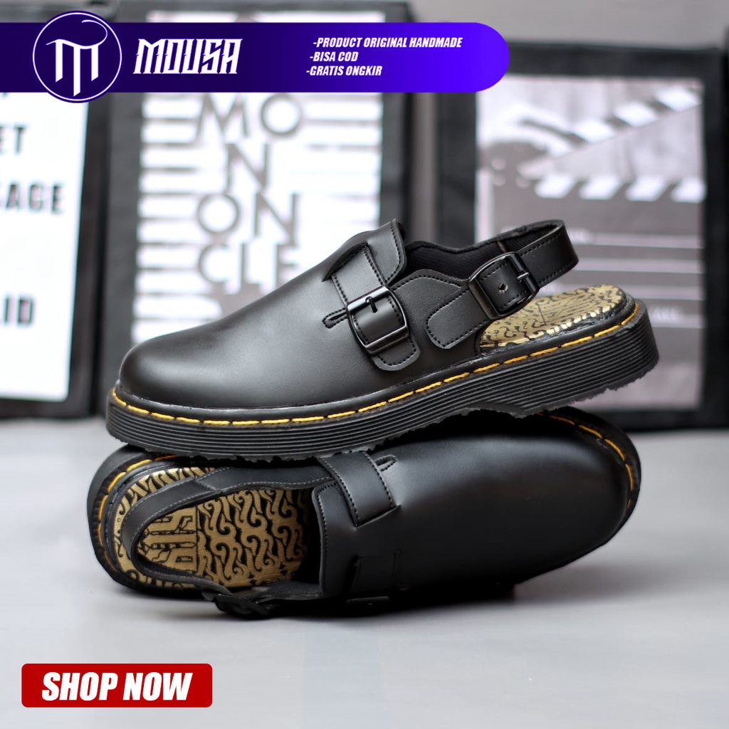 Sandal Docmart Pria Hitam Kulit Pu Nyaman Santai Mousa Yve