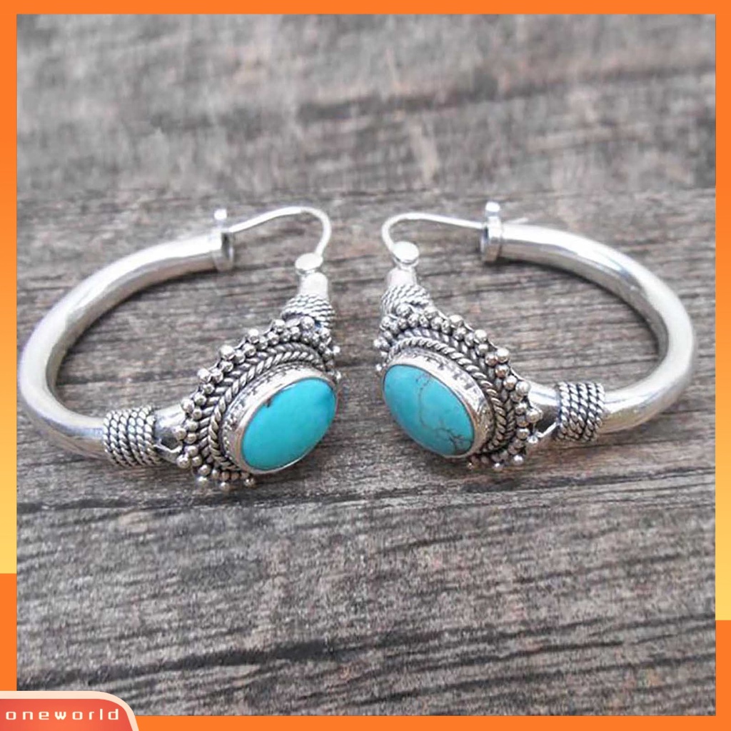 {oneworld} 1pasang Anting Hoop Tindik Oval Ukir Unik Biru Turquoise Bohemia Retro Earrings Perhiasan Aksesoris