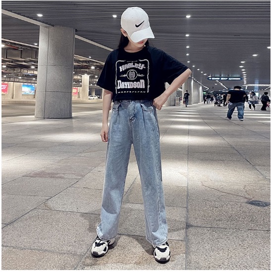 Setelan anak PEREMPUAN CROP SET import HARLEY DAVIDSON + CELANA JEANS TEBAL KEKINIAN setelan anak teenageR