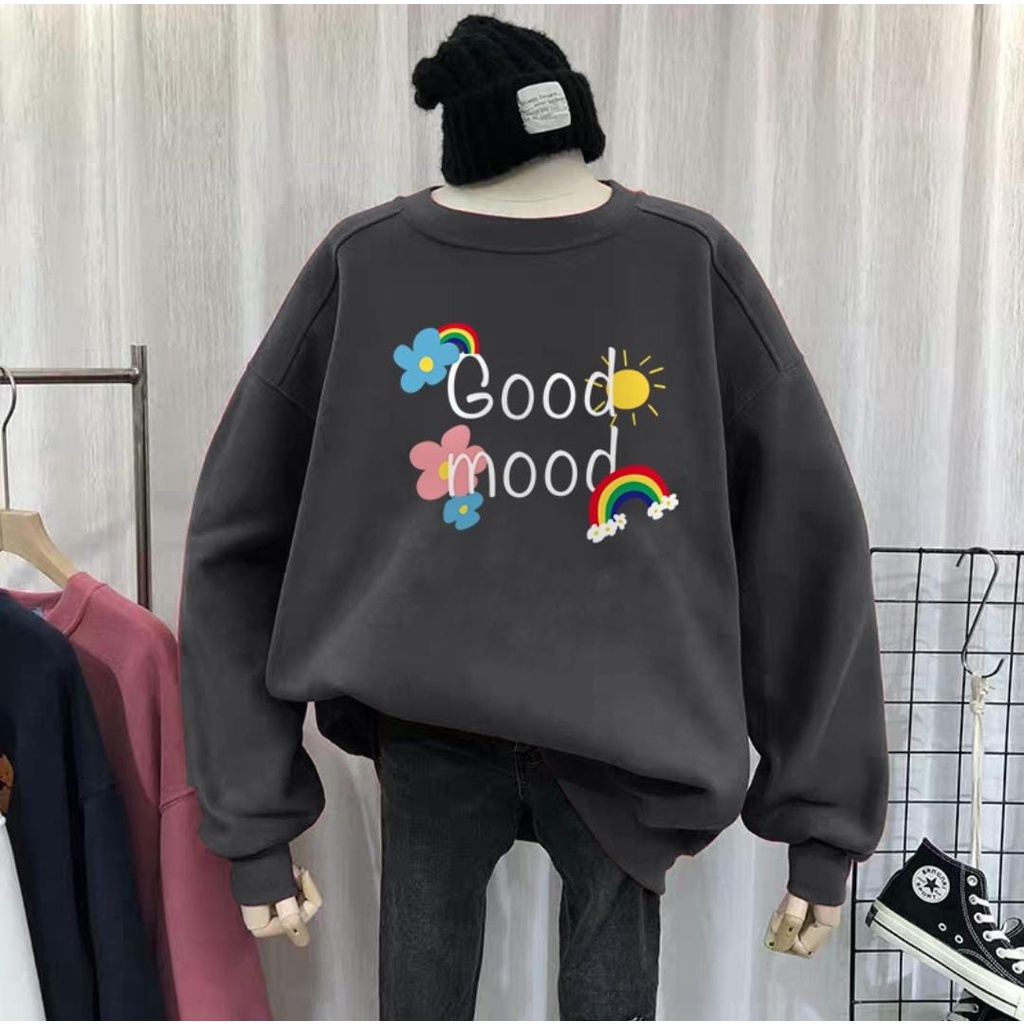 SWEATER WANITA GOOD MOOD | KOREAN CUTE STYLE SWEATSHIRT | BAJU WANITA POLOS | BAHAN FLEECE | ALLSIZE