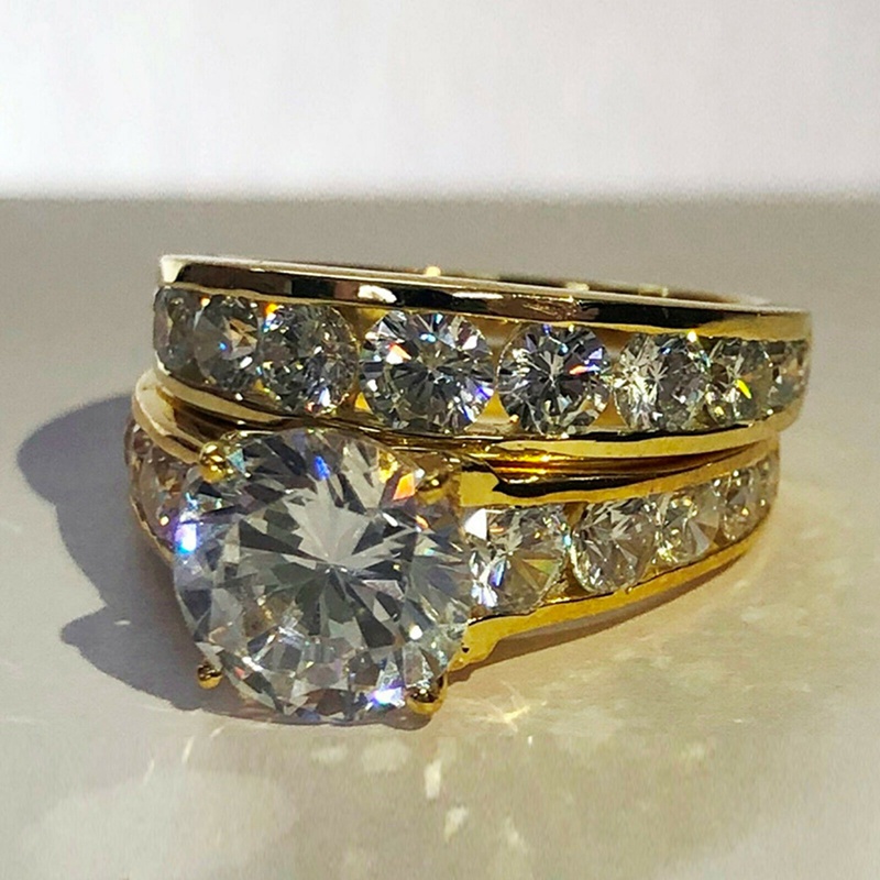 Fashion 2Pcs/set Cincin Pengantin Untuk Wanita Warna Emas Eternity Pernikahan Trend Aksesoris Statement Ring Party Jewelry