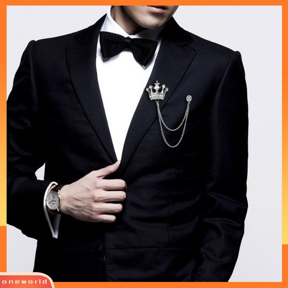 {oneworld} Unisex Bentuk Mahkota Bros Rumbai Rantai Kerah Pin Retro Korsase Aksesori Jas